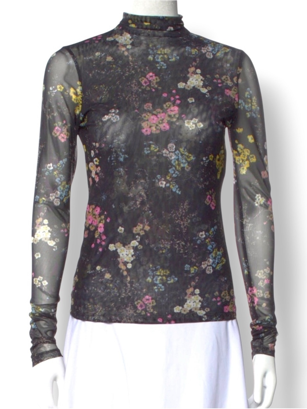 Cinq à Sept Sheer Floral Mesh Mock Neck Top SM Black Long Sleeve Romantic Gothic